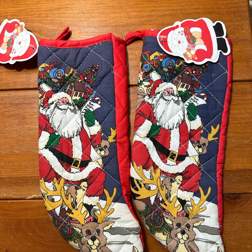 2 New Vintage quilt cotton santa with reindeer christmas hand made stocking 19”